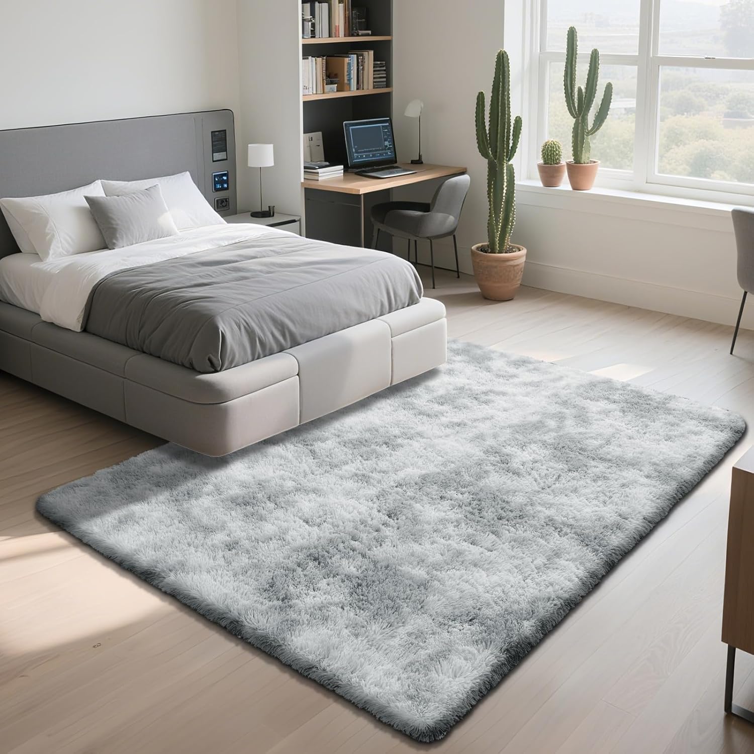 Grey Fluffy Rug Shaggy Area Rug, Mottling Grey Area Rugs for Living Room, Large Shag Area Rugs for Bedroom Kids Room Home Decor, Upgrade Anti-Skid Rectangular Fuzzy Rugs